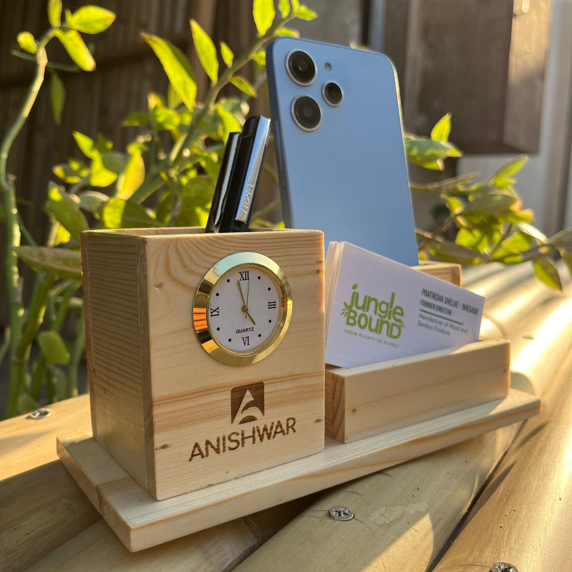 Wooden Desk Organizer with Clock