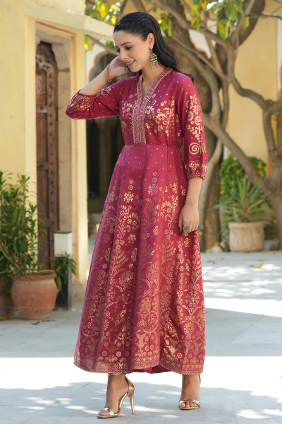 Juniper Maroon Ethnic Motif Printed Rayon Anarkali Dress.