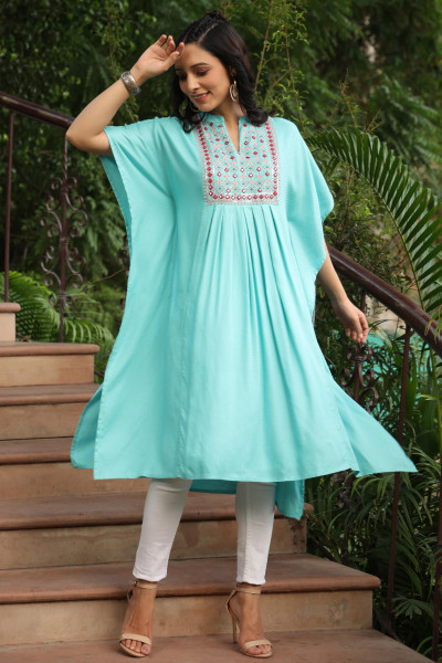 Juniper Sky Blue Geometric Printed Rayon Dobby Kaftan With Thread Work Embroidery
