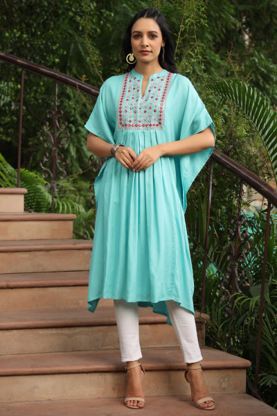 Juniper Sky Blue Geometric Printed Rayon Dobby Kaftan With Thread Work Embroidery