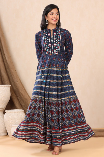 Juniper Indigo Ethnic Motif Printed &amp; Embroidered Rayon Maxi Dress