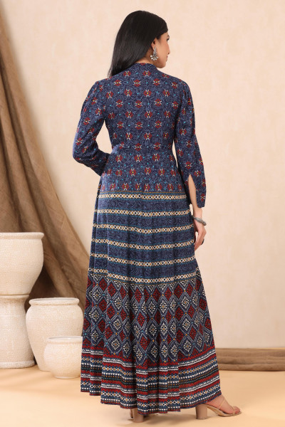 Juniper Indigo Ethnic Motif Printed & Embroidered Rayon Maxi Dress
