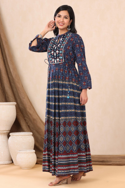 Juniper Indigo Ethnic Motif Printed & Embroidered Rayon Maxi Dress