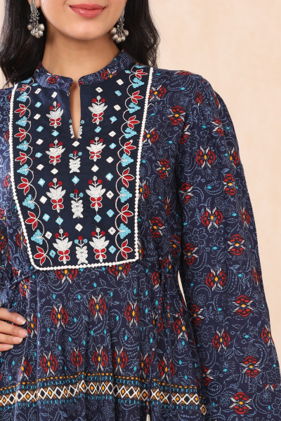 Juniper Indigo Ethnic Motif Printed & Embroidered Rayon Maxi Dress