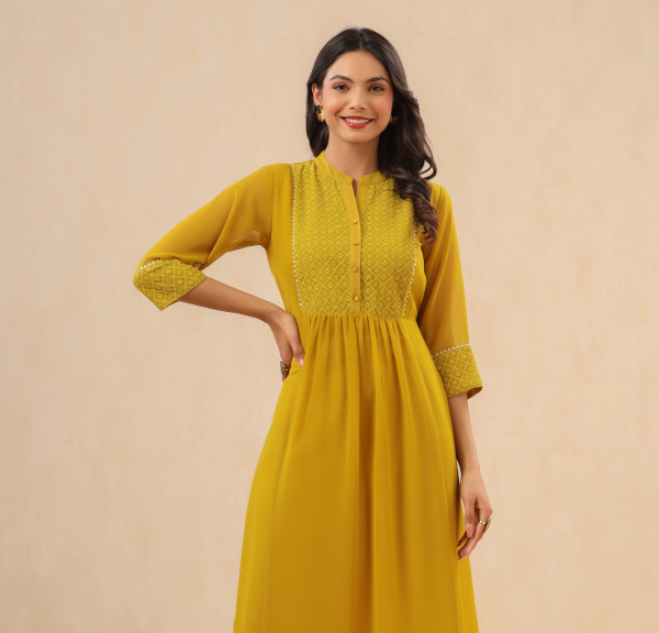 Juniper Mustard Georgette Lacy Midi Dress With Yoke Embroidery & Show Buttons