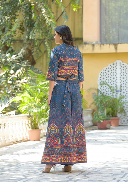 Navy Blue Geometric Printed Liva Rayon Top & Palazzo Set With Sequins & Coins