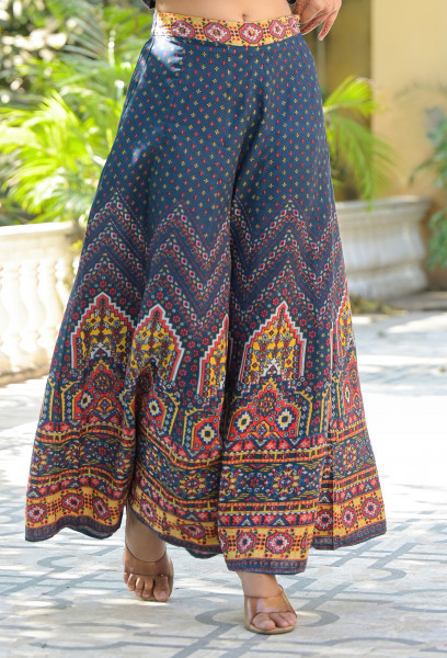 Navy Blue Geometric Printed Liva Rayon Top & Palazzo Set With Sequins & Coins