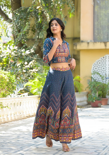 Navy Blue Geometric Printed Liva Rayon Top & Palazzo Set With Sequins & Coins