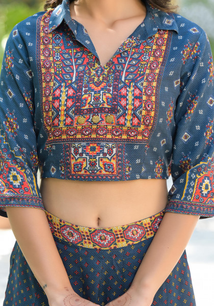 Navy Blue Geometric Printed Liva Rayon Top & Palazzo Set With Sequins & Coins