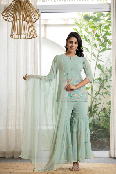 Green Thread Embroidered Georgette Tunic Sharara &amp; Dupatta Set With Sequins &amp; Lace