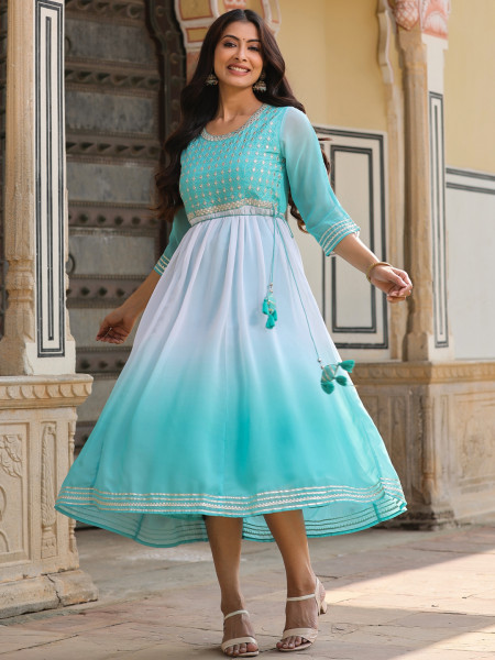 Teal Solid Georgette Dress With Doris At Waist &amp; Mirror Work