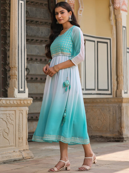 Teal Solid Georgette Dress With Doris At Waist & Mirror Work