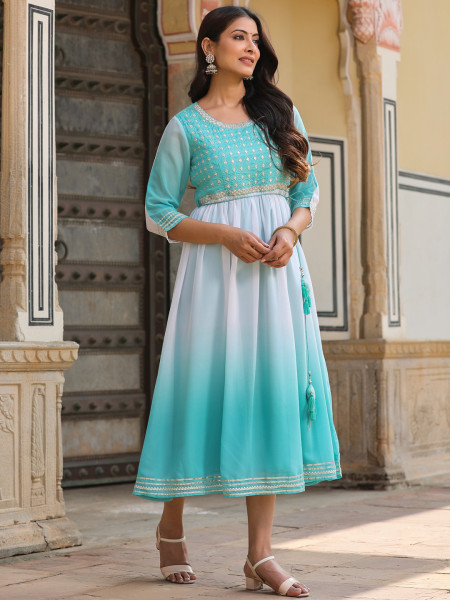 Teal Solid Georgette Dress With Doris At Waist & Mirror Work