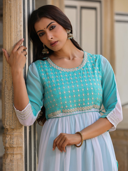 Teal Solid Georgette Dress With Doris At Waist & Mirror Work