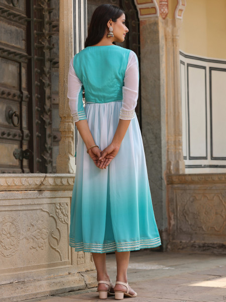 Teal Solid Georgette Dress With Doris At Waist & Mirror Work