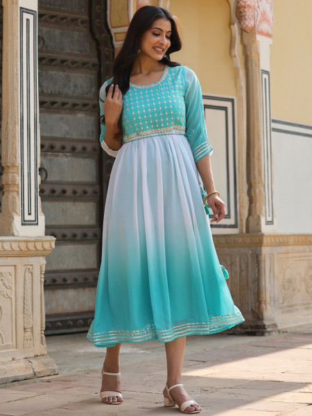 Teal Solid Georgette Dress With Doris At Waist & Mirror Work