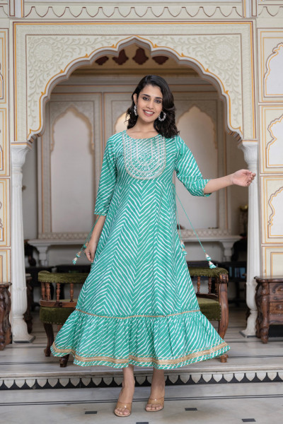 Juniper Green Cotton Leheriya Printed Anarkali Dress With Embroidered Yoke &amp; Dori Tie-Up At Waist