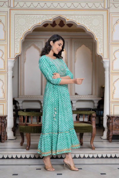 Juniper Green Cotton Leheriya Printed Anarkali Dress With Embroidered Yoke & Dori Tie-Up At Waist