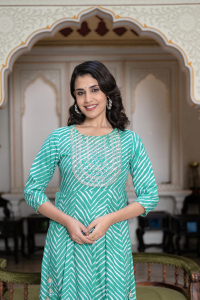 Juniper Green Cotton Leheriya Printed Anarkali Dress With Embroidered Yoke & Dori Tie-Up At Waist