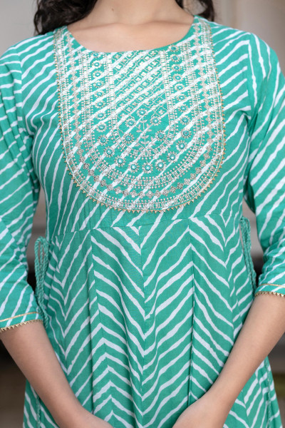 Juniper Green Cotton Leheriya Printed Anarkali Dress With Embroidered Yoke & Dori Tie-Up At Waist