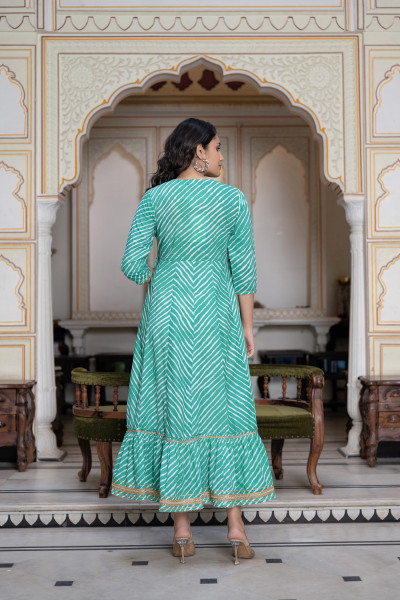 Juniper Green Cotton Leheriya Printed Anarkali Dress With Embroidered Yoke & Dori Tie-Up At Waist