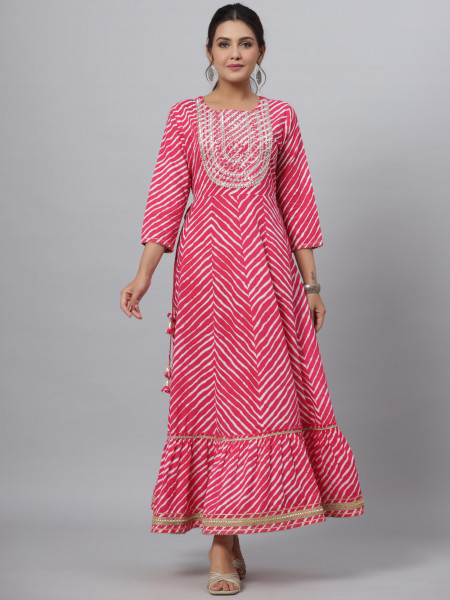 Juniper Pink Cotton Leheriya Printed Anarkali Dress With Embroidered Yoke &amp; Dori Tie-Up At Waist