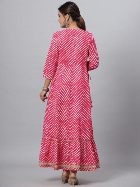 Juniper Pink Cotton Leheriya Printed Anarkali Dress With Embroidered Yoke & Dori Tie-Up At Waist