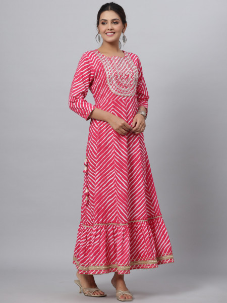 Juniper Pink Cotton Leheriya Printed Anarkali Dress With Embroidered Yoke & Dori Tie-Up At Waist