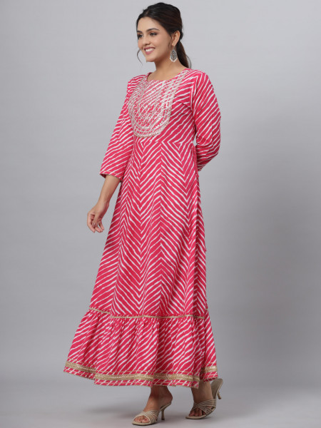 Juniper Pink Cotton Leheriya Printed Anarkali Dress With Embroidered Yoke & Dori Tie-Up At Waist