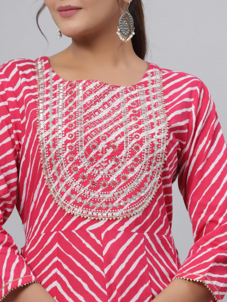 Juniper Pink Cotton Leheriya Printed Anarkali Dress With Embroidered Yoke & Dori Tie-Up At Waist