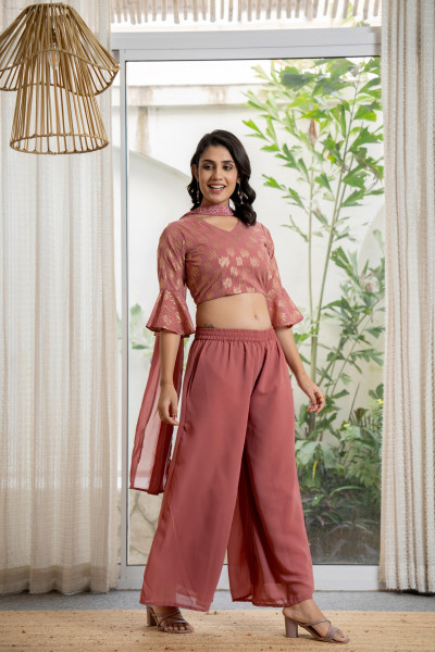 Peach Solid Georgette Crop Top, Palazzo &amp; Dupatta Set With Sequins &amp; Thread Work