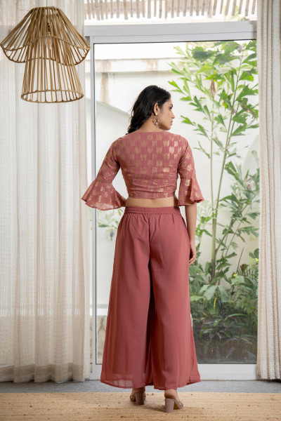 Peach Solid Georgette Crop Top, Palazzo & Dupatta Set With Sequins & Thread Work