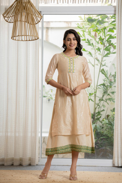 Beige Soild Chanderi Dress &amp; inner With Thread &amp;  Mirror Work