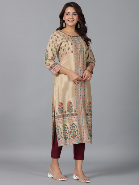 Beige Floral Printed Viscose Kurta With Beads &amp; Sequins