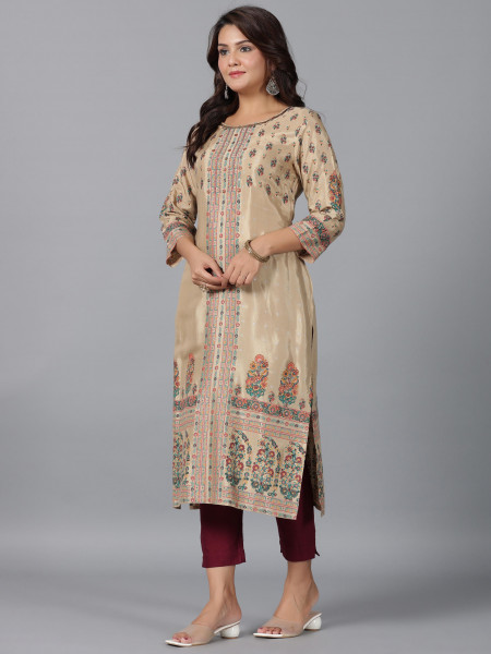 Beige Floral Printed Viscose Kurta With Beads & Sequins