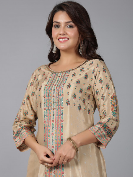 Beige Floral Printed Viscose Kurta With Beads & Sequins