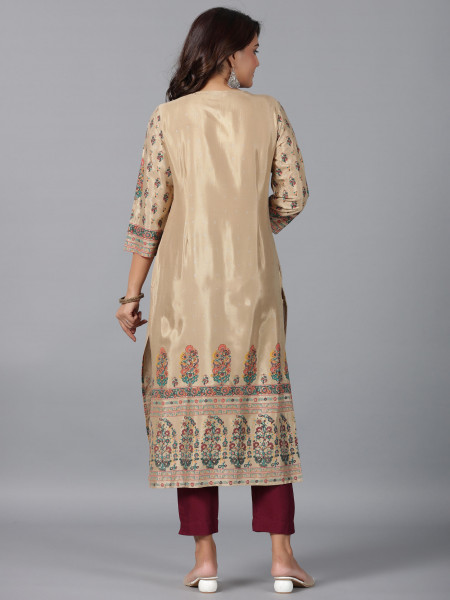 Beige Floral Printed Viscose Kurta With Beads & Sequins