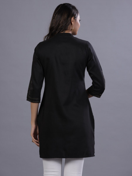 Black Ethnic Motif Printed Silk Tunic With Buttons