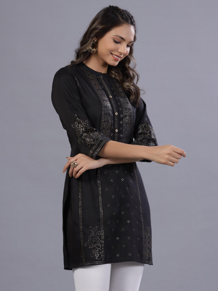 Black Ethnic Motif Printed Silk Tunic With Buttons