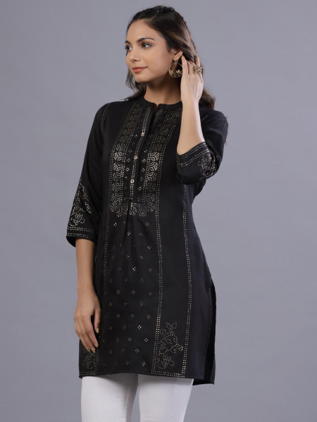 Black Ethnic Motif Printed Silk Tunic With Buttons