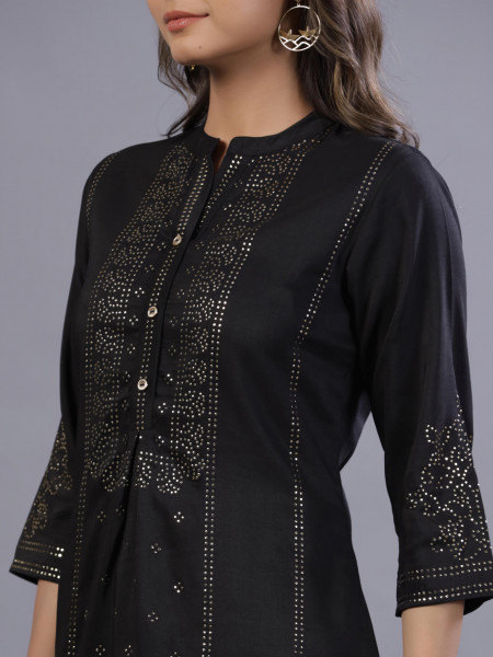 Black Ethnic Motif Printed Silk Tunic With Buttons