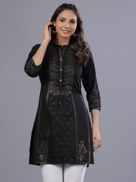 Black Ethnic Motif Printed Silk Tunic With Buttons