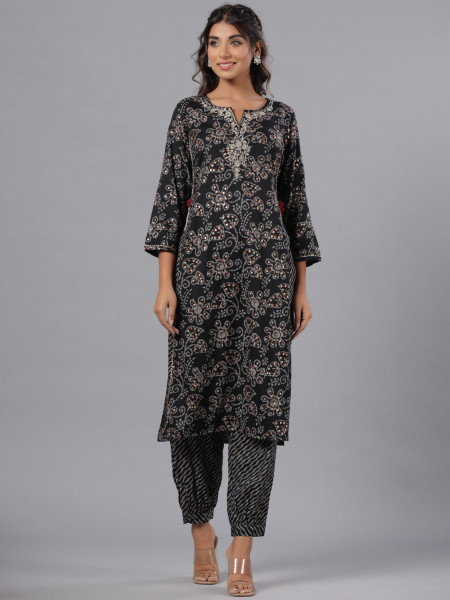 Black Floral Printed Liva Rayon Kurta With Afghani Pants