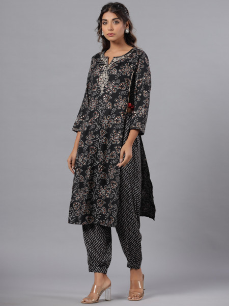 Black Floral Printed Liva Rayon Kurta With Afghani Pants