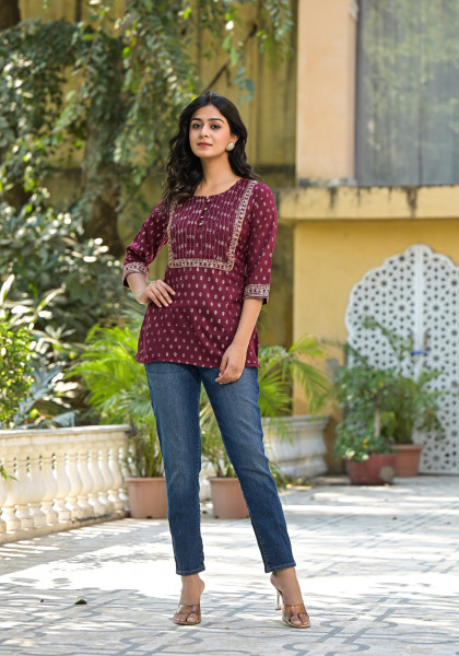 Wine Ethnic Motif Printed Liva Rayon Tunic With Sequins &amp; Lace