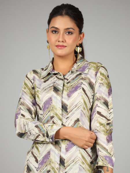 Juniper Green Chevron Printed Rayon Tunic With Pants Set