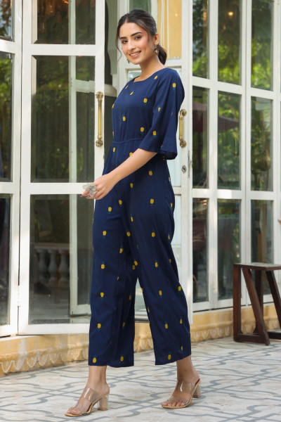 Juniper Dark Blue Quirky Printed Poly Crepe Jumpsuit With Thread Work Embroidery