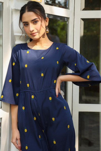 Juniper Dark Blue Quirky Printed Poly Crepe Jumpsuit With Thread Work Embroidery