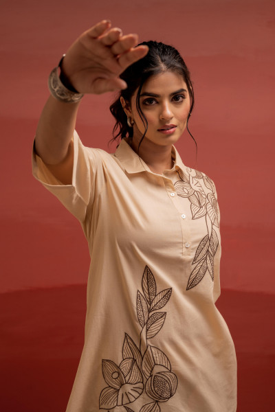 Beige Solid Cotton Shirt and Pants Co-ord Set with Thread Work
