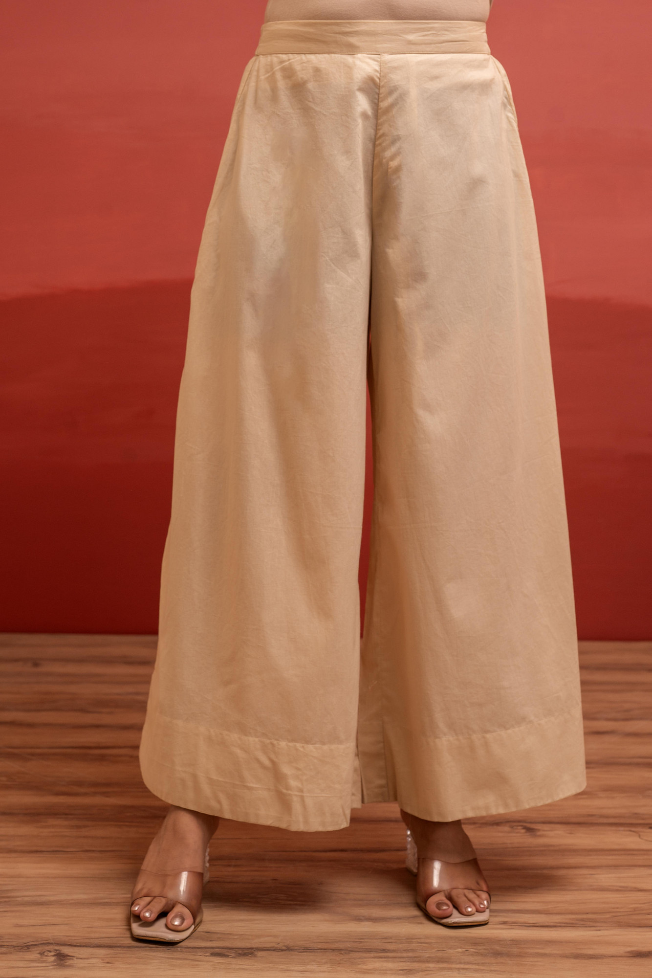 Beige Solid Cotton Shirt and Pants Co-ord Set with Thread Work